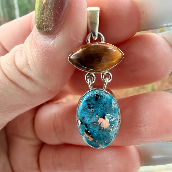 Turquoise & Tiger’s Eye Double Stone Pendant | 925 | Natural Healing Gemstone - Picture 6 of 8